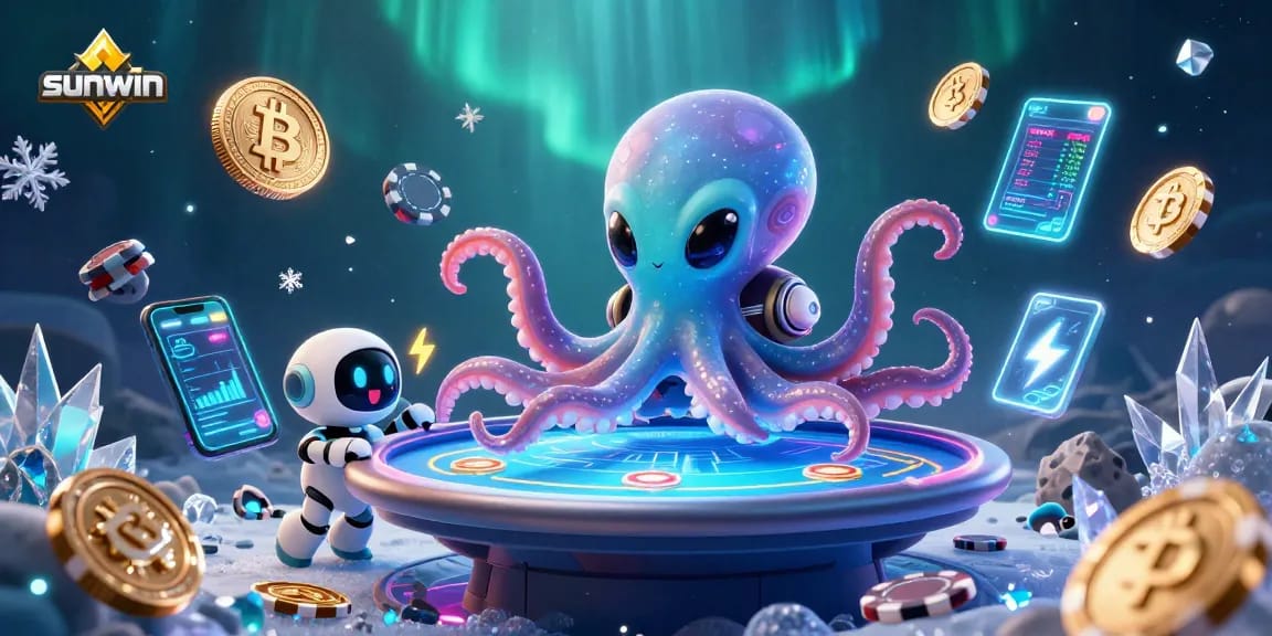 Engage in thrilling gameplay with sunwin, featuring a vibrant alien octopus at a holographic poker table surrounded by crypto elements.