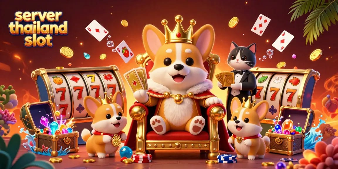 Play thrilling games at server thailand slot with a vibrant 3D illustration showcasing royal corgis and casino elements.