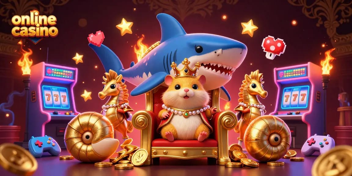 Gioca nei migliori casinò online con questa illustrazione 3D di un re criceto dorato e guardie seahorse.