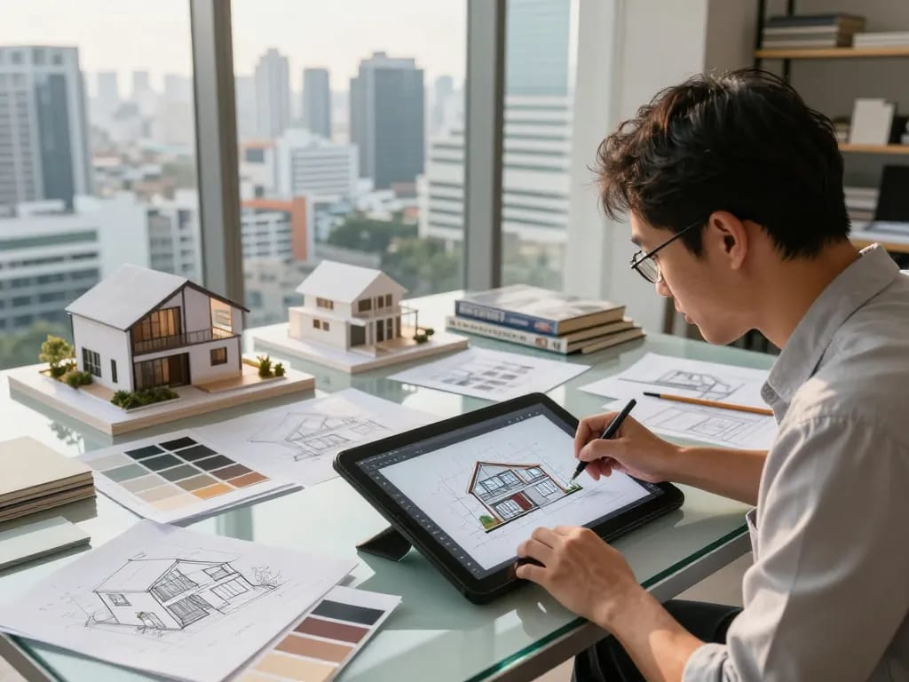 House Design Bangkok showcased in a modern architectural studio with vibrant materials and city views.