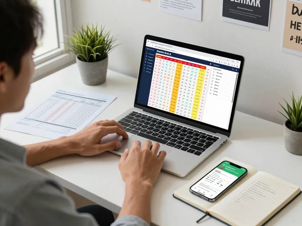 Online player checking Data HK lottery results on a modern workspace with laptop and smartphone.