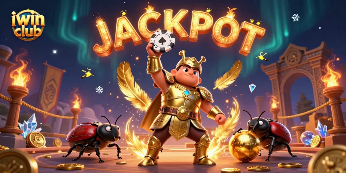 Join the celebration at iwin club with a victorious beetle lifting a poker chip surrounded by golden gaming elements.