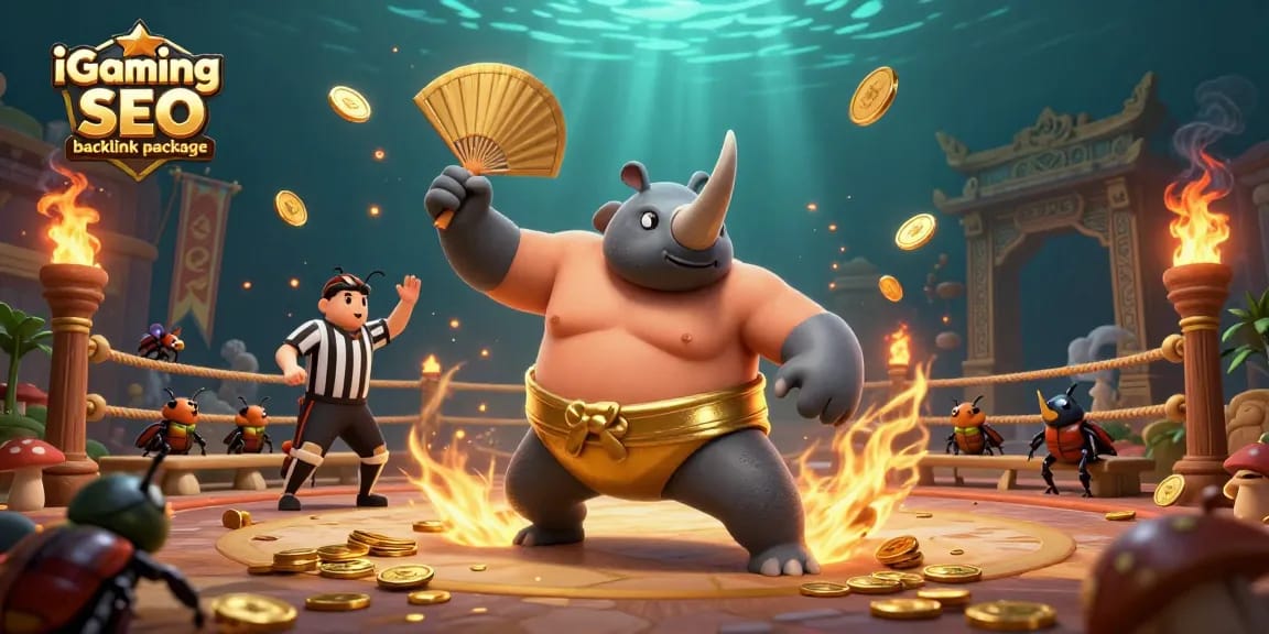 Visualize the iGaming SEO backlink package with dynamic casino elements featuring a sumo beetle champion.