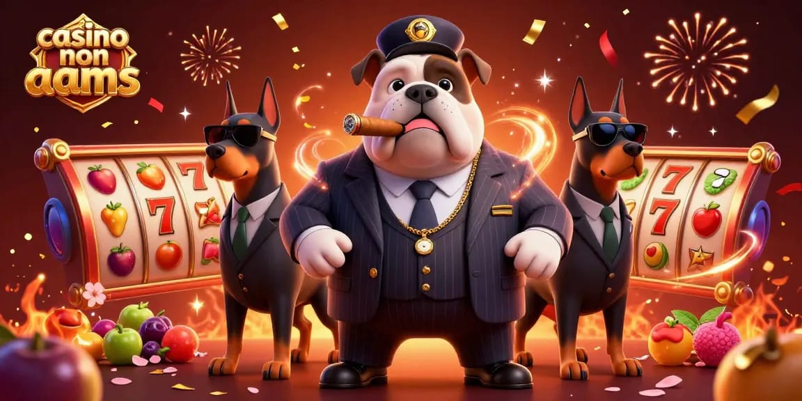 Scopri il mondo del casino non AAMS con un bulldog gangster e slot colorate in un'illustrazione affascinante.