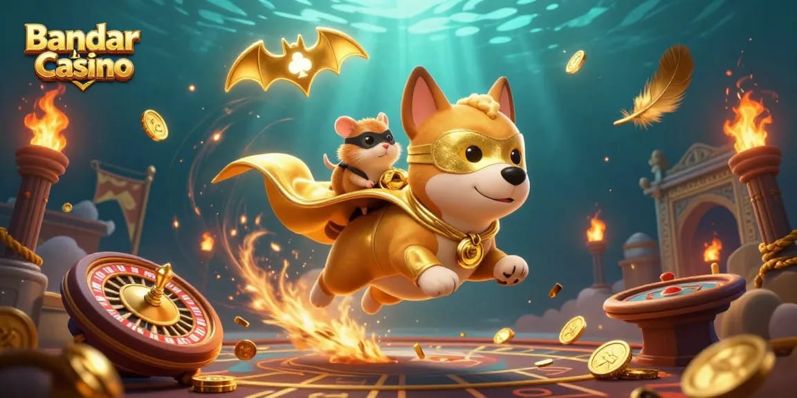 Experience thrilling moments at Bandar Live Casino with our superhero characters amidst a vibrant casino landscape.