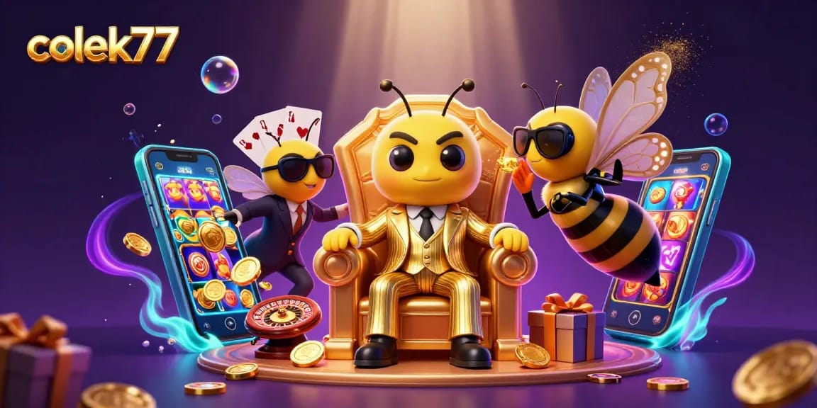 Play exciting slot games with colek77, featuring vibrant characters and dynamic casino elements.