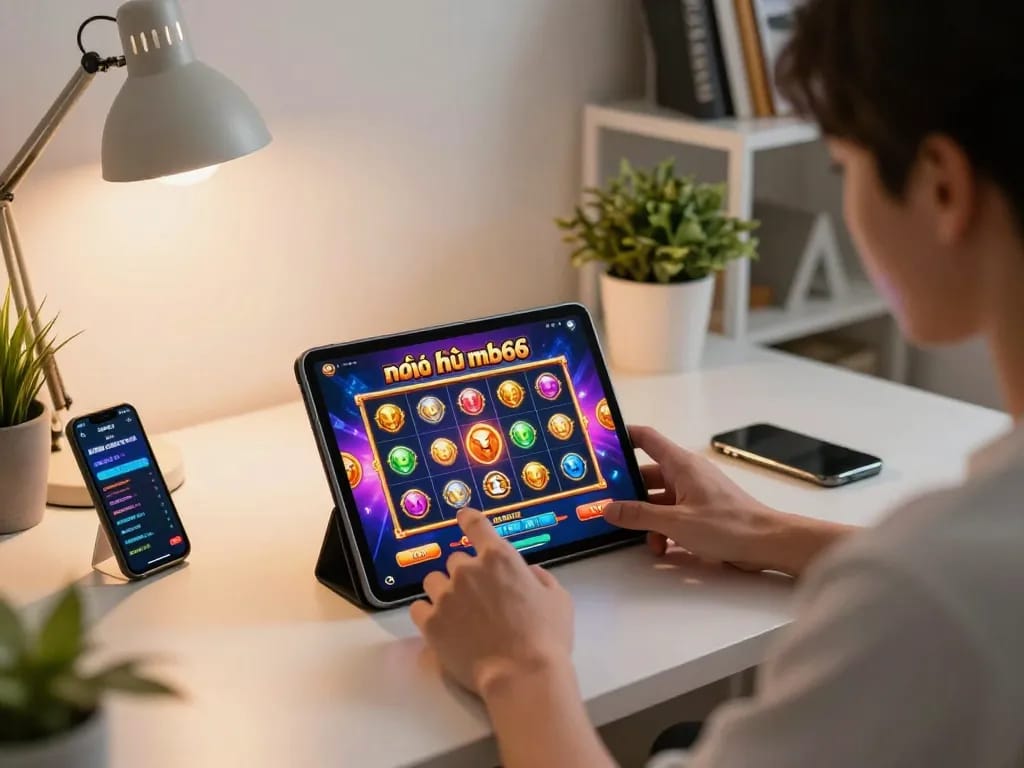 Engaging gameplay of nổ hũ mb66 on tablet, showcasing vibrant slot visuals and strategic betting.