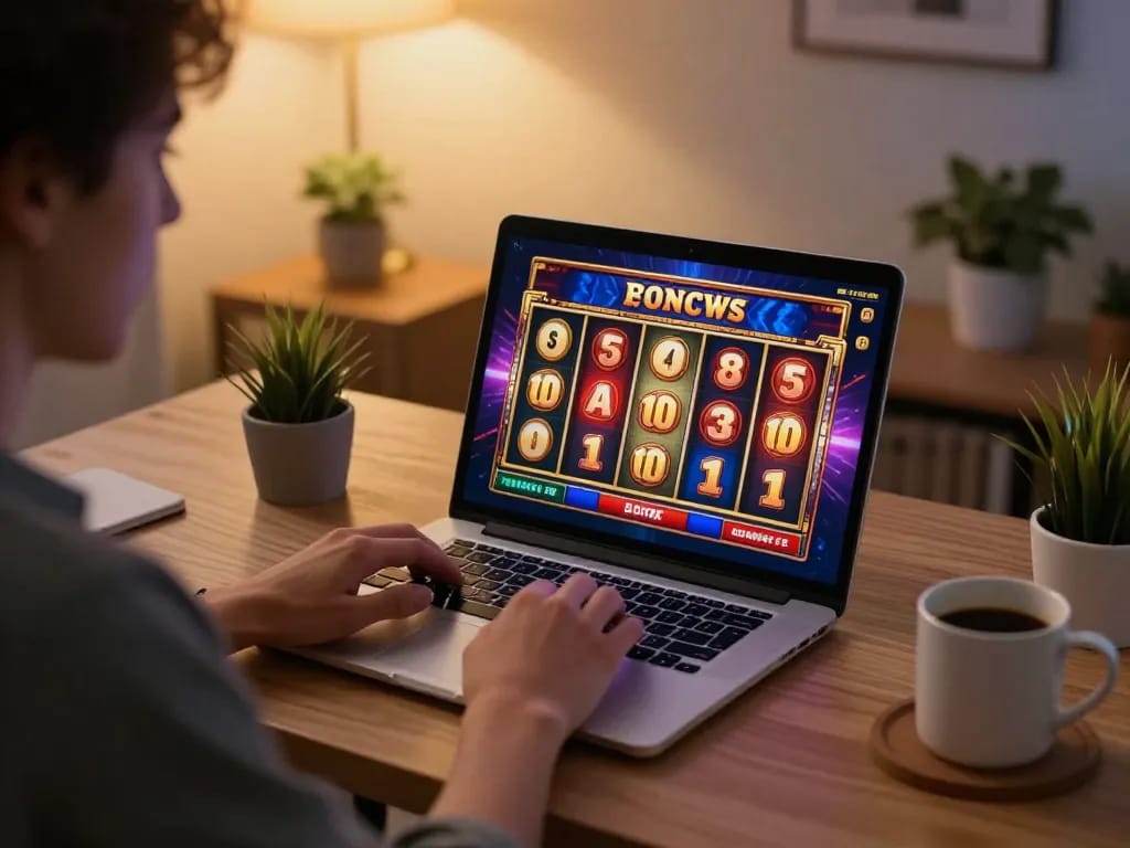 Engaging person experiencing superjp slot gameplay on a laptop in a cozy home environment.