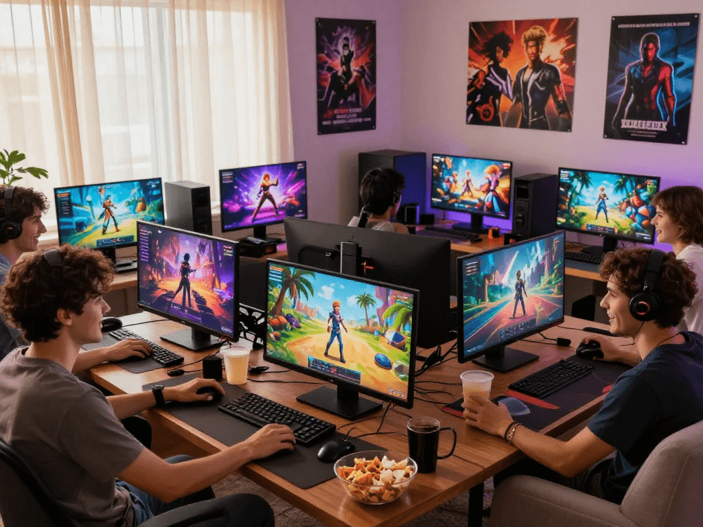 Group of friends enjoying online porngames in a cozy living room, showcasing vibrant gaming visuals and snacks.