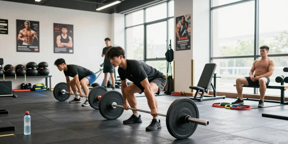 Ein Athlet hebt Gewichte im modernen Fitnessstudio, umgeben von Deus Medical Produkten und Ausrüstung.