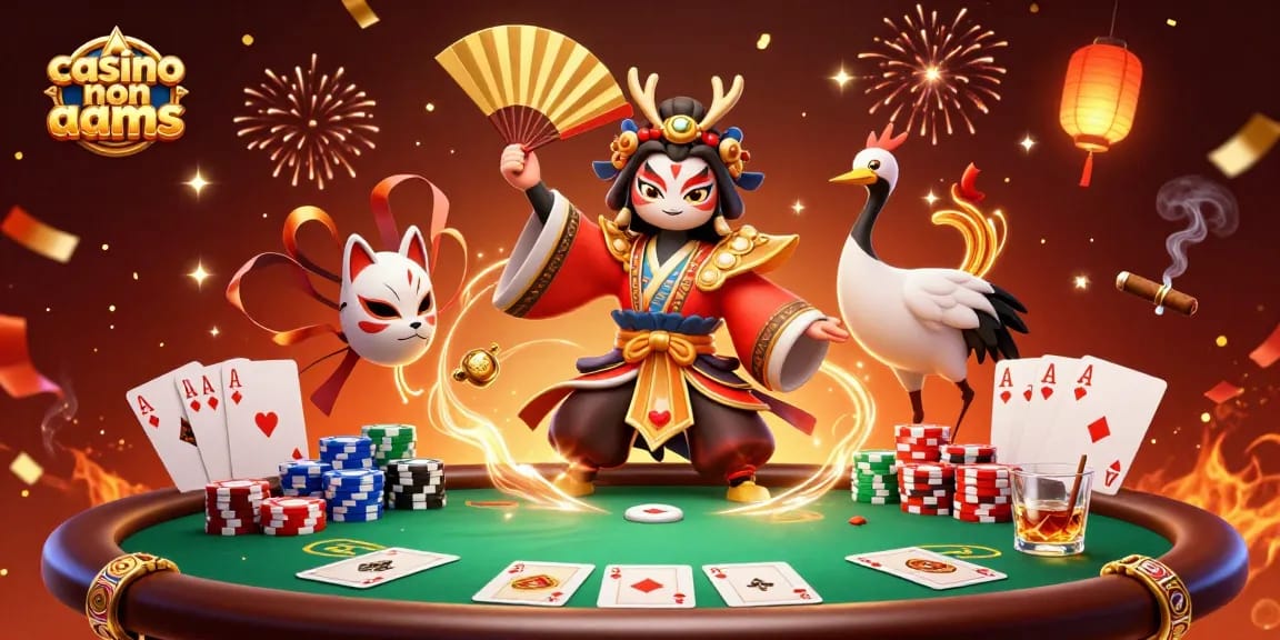 Giocatori che esplorano l'emozione nei casinò non AAMS, circondati da elementi festivi e giochi di carte.
