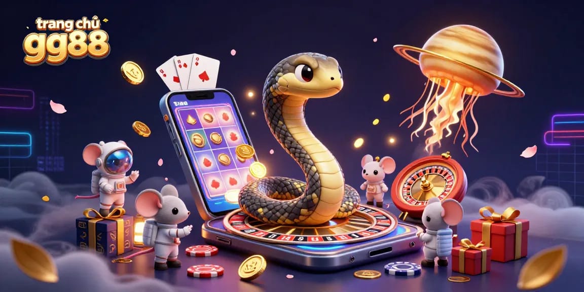 Experience excitement at trang chủ gg88 with a cosmic roulette featuring Saturn's ring snake and golden jellyfish dealer in this vibrant scene.