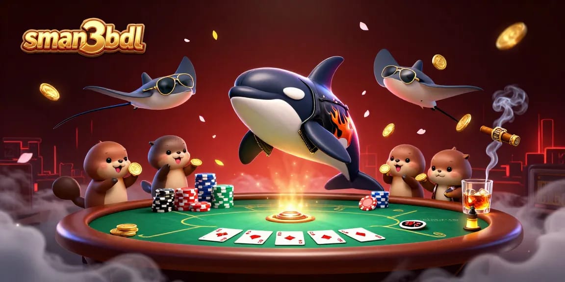 Gambarkan sman3bdl dengan ikan orca berjaket kulit dan ikan pari, menikmati permainan kasino di lautan