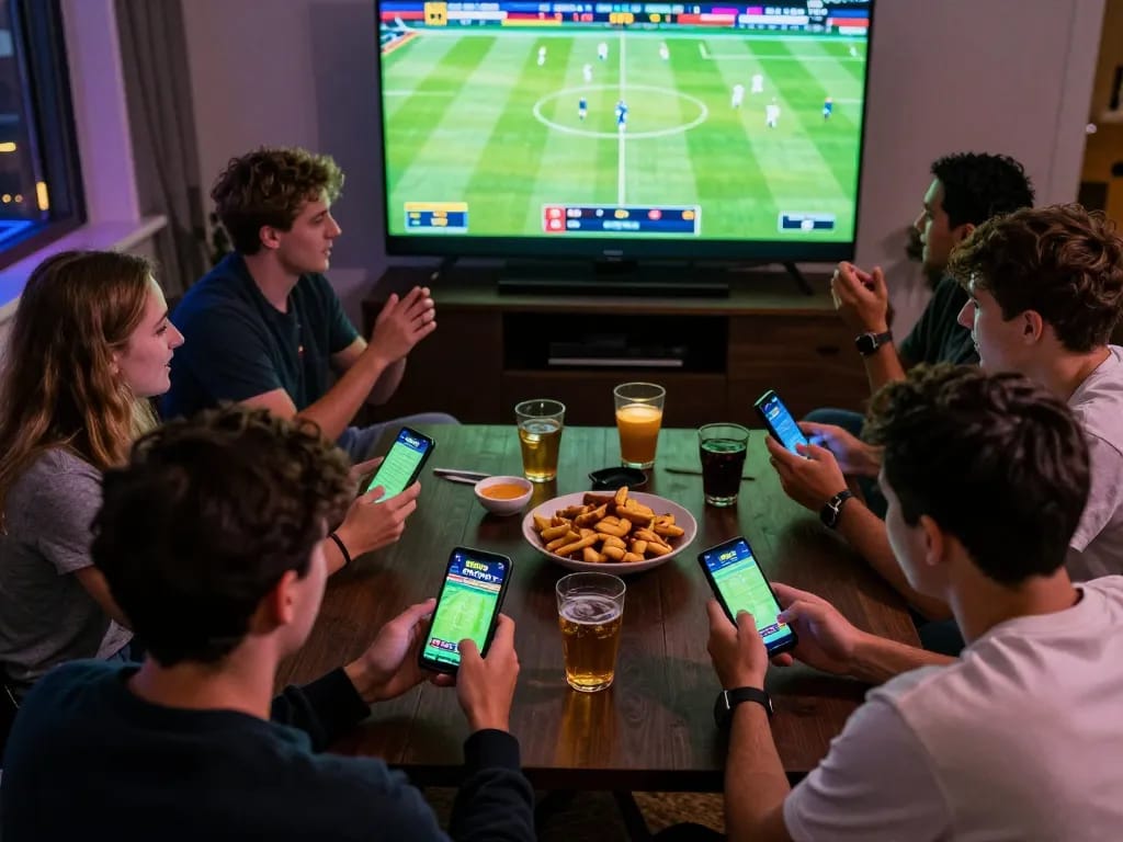 Engaged friends placing bets using the 888top app during an exciting sports game