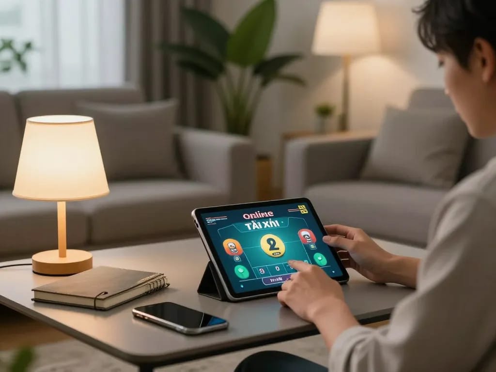 Tài xỉu online gaming session at home, with a person engaging on a tablet in a cozy living room.