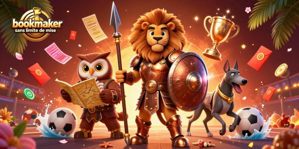 Pariez sur un bookmaker sans limite de mise avec un lion en armure, une chouette stratège et un lévrier, entourés d'éléments de paris dynamiques.