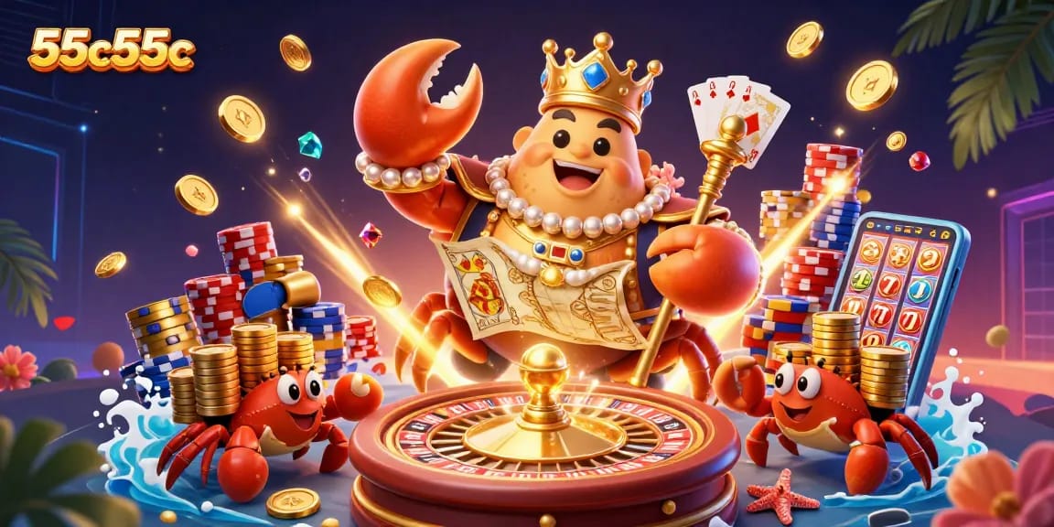 Atraia jackpots com 55c55c em uma cena vibrante de cassino, onde um caranguejo dourado com tesouros e servos de caranguejos hermit trazem emoção ao jogo.