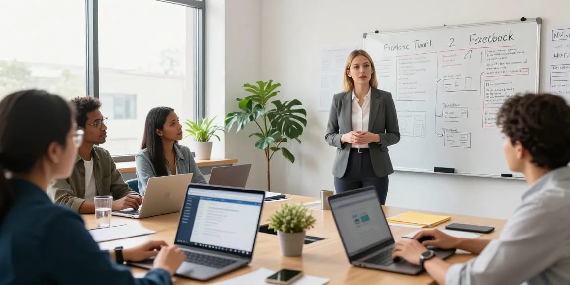 Arbeitskultur bewerten durch Feedback-Workshops mit Führungskräften in einem modernen Büro.
