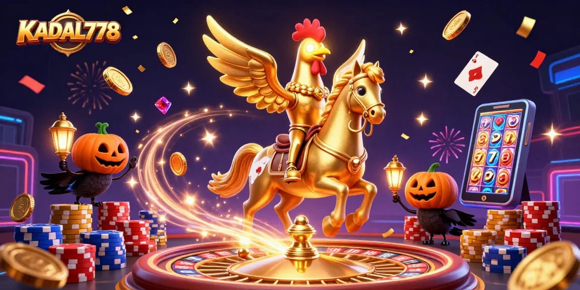 Experience the thrill of KADAL778 with a golden rooster and gaming elements in a vibrant casino scene.