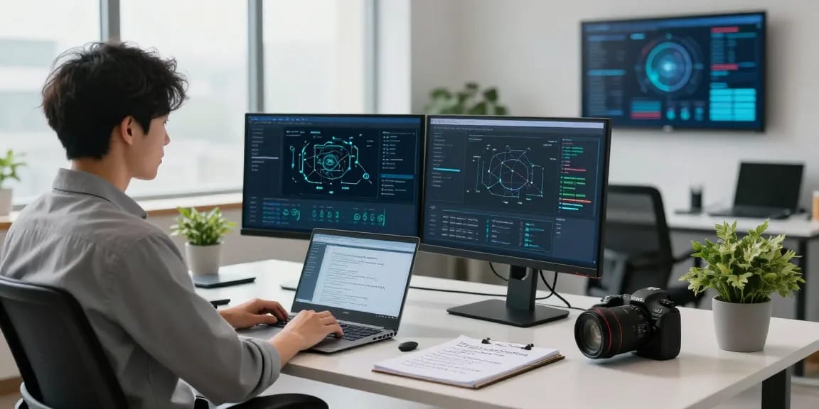 Cybersecurity analyst ensuring cybersmart practices in a modern workspace