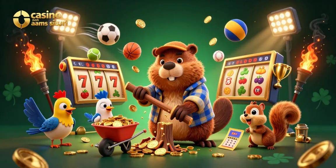 Scopri il divertimento con i casino non aams sicuri mentre un castoro colleziona monete d'oro in una vivace scena 3D.