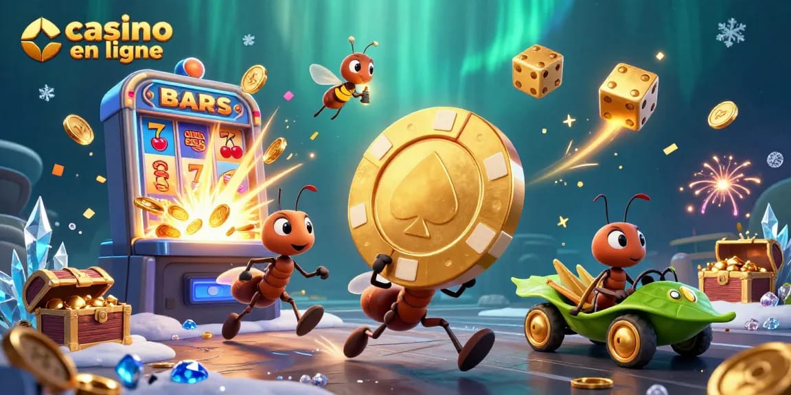 Jouez à des jeux de casino en ligne avec cette illustration dynamique de personnages animés portant un jeton en or.