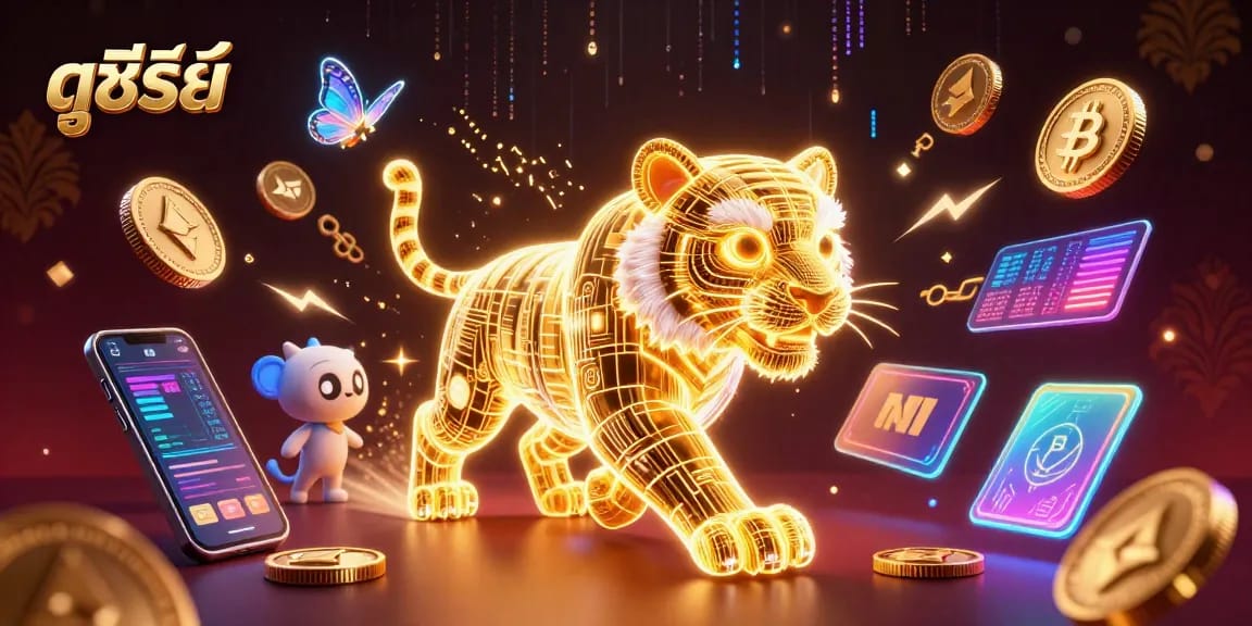 Experience ดูซีรี่ย์ with a vibrant 3D casino scene featuring a neon tiger and blockchain elements.