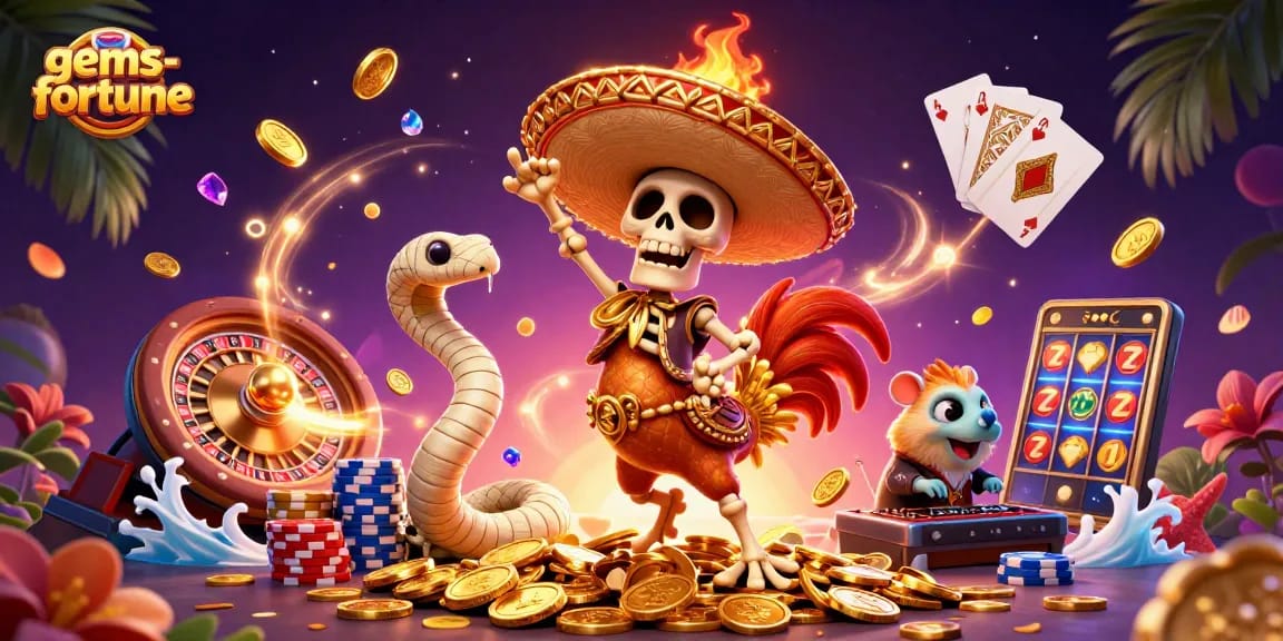 Engage with gems-fortune in this vibrant scene of a skeleton mariachi rooster dancing amidst golden coins, roulette, and poker