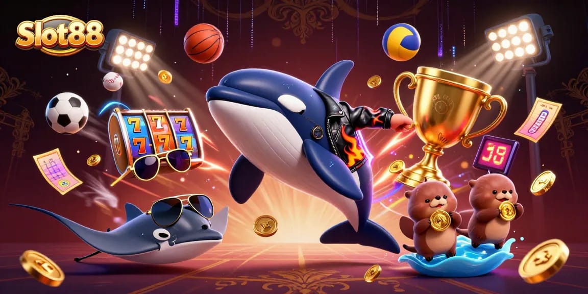 Engage with Slot88's thrilling jackpot action featuring a dynamic whale, stingray, and otters amidst rich casino elements.