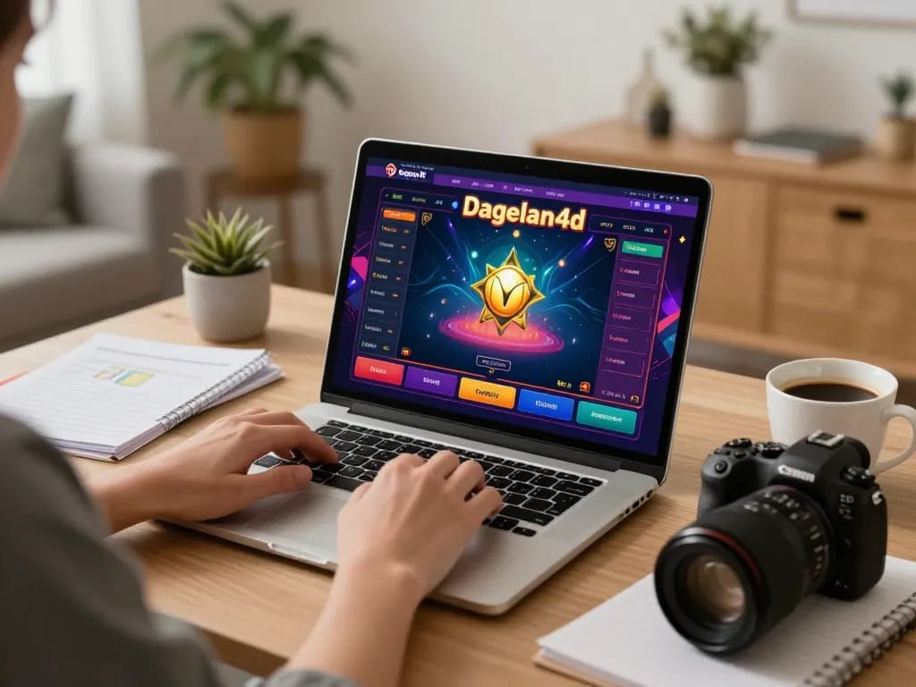 Engaged player accessing dagelan4d online games on laptop, showcasing an inviting home workspace.