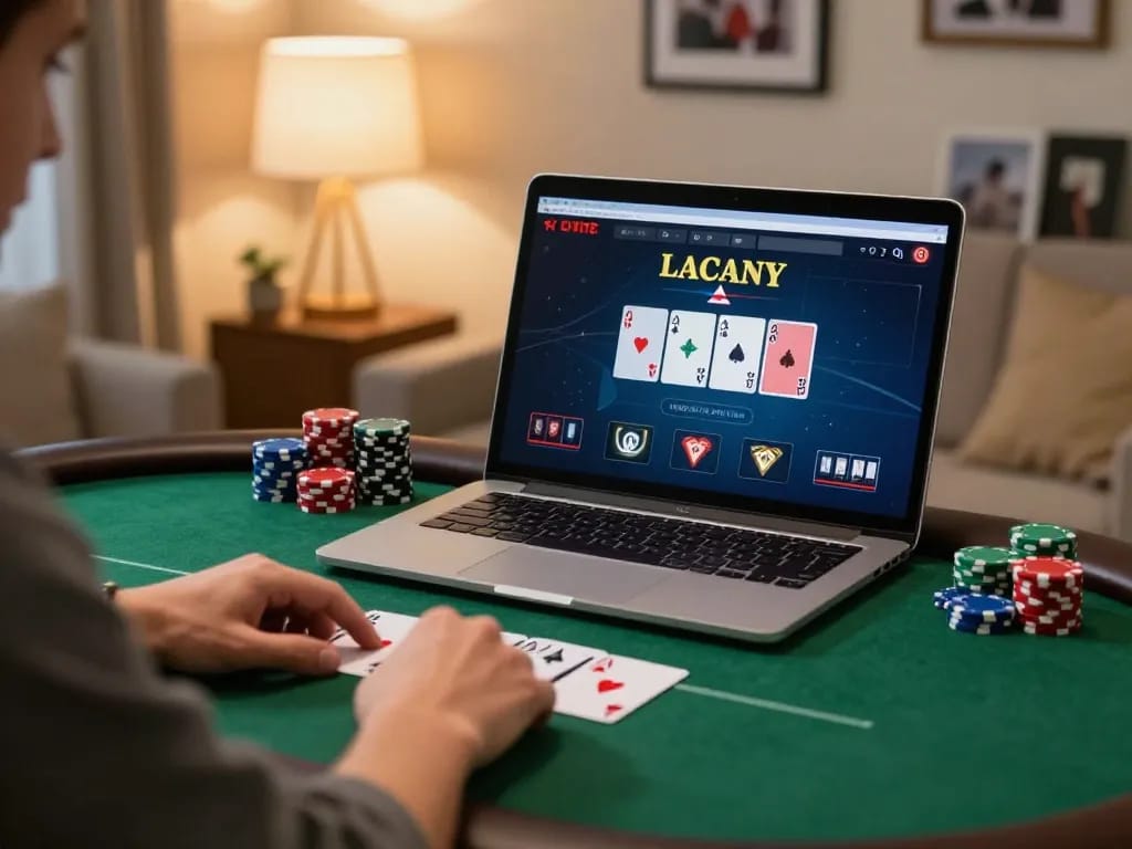Player enjoying O8 online poker game on laptop in stylish home setting, warm lighting accentuates strategic gameplay