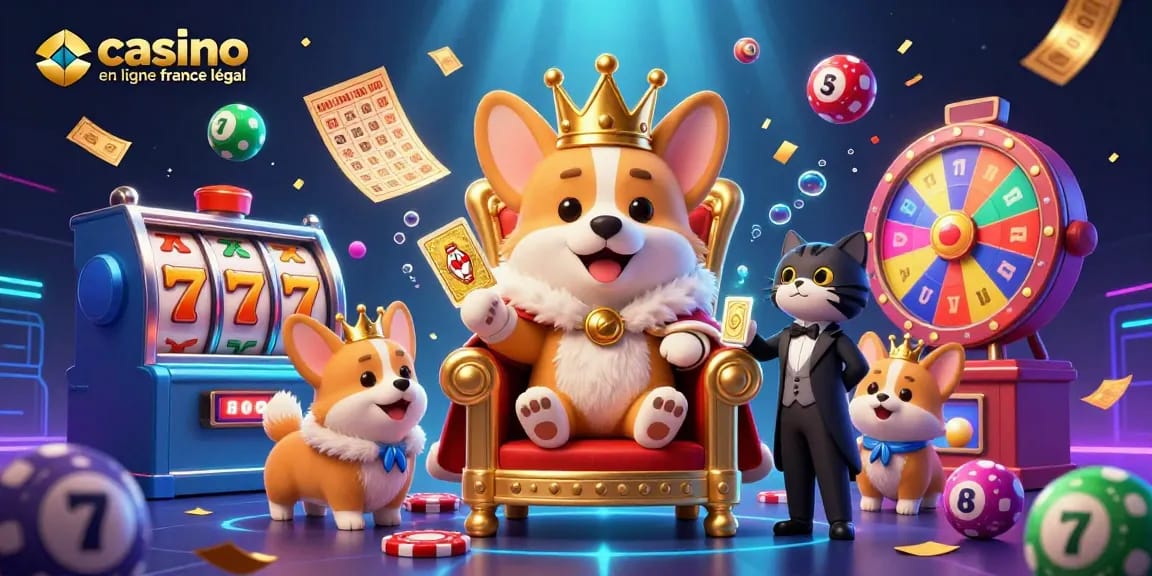 Jouez au casino en ligne légal en France avec ce visuel captivant mettant en scène un corgi royal sur un trône de jetons.