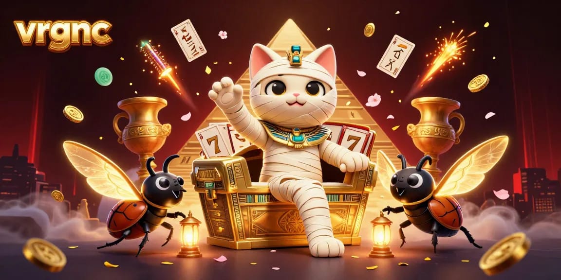Play thrilling slots with vrgnc featuring an Egyptian mummy cat in a vibrant casino scene.