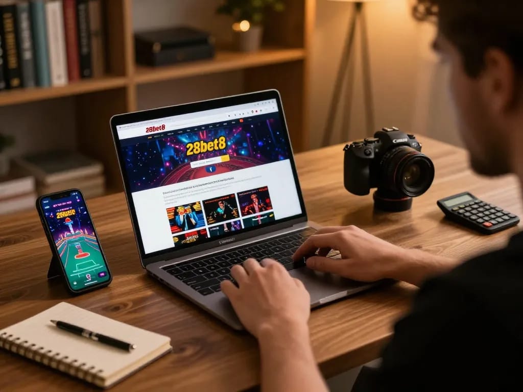 Person engaging with 28bet8 casino site on laptop, showcasing online gambling experience.