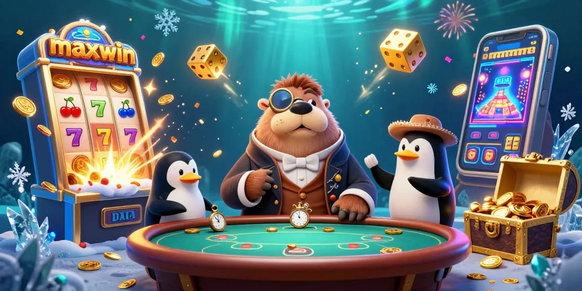 Maksimalkan peluang maxwin dengan walrus ceria dan dealer penguin di meja poker mencakup slot bertaburan koin.