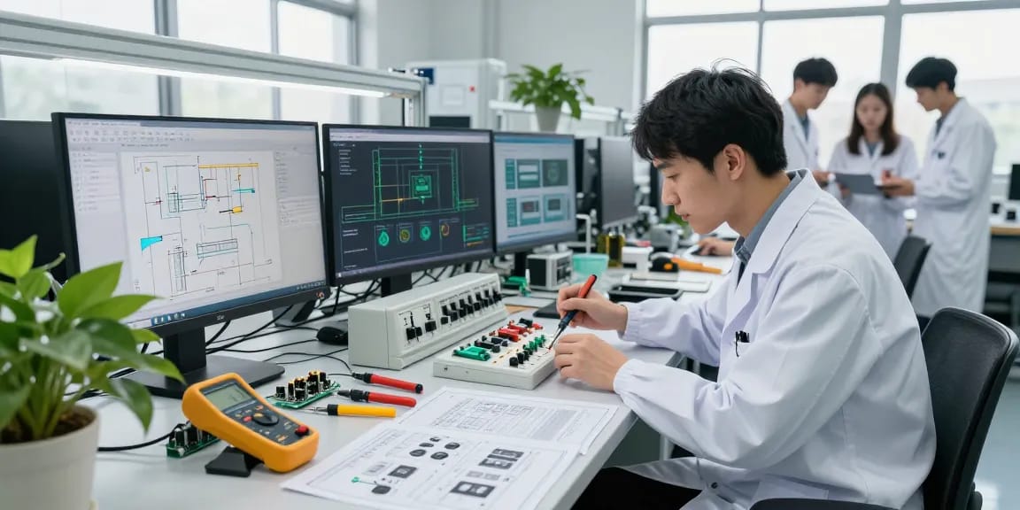 Panel switch inspection in a modern technology workshop, showcasing precision and quality.