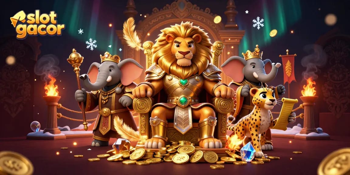 Engage with slot gacor strategies alongside a fierce lion king and advisors in a vibrant casino scene.