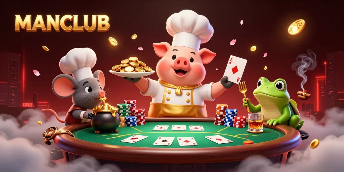 Engage with the exciting MANCLUB scene featuring a chef pig serving gold coins in a vibrant casino atmosphere.