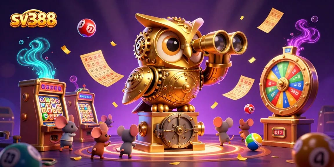 在SV388平台上，3D卡通奎尔金猫头鹰和小老鼠共同体验精彩的斗鸡赛事，环境充满活力。