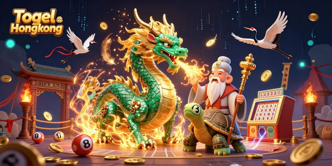 Togel Hongkong unleashes excitement with a vibrant 3D illustration featuring a jade dragon, turtle sage, and lucky cranes.