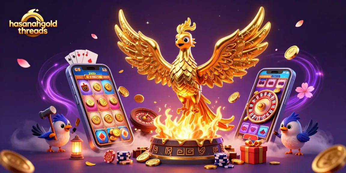 Melihat karakter hasanahgoldthreads beraksi dengan permainan slot dan koin emas yang menyebar.