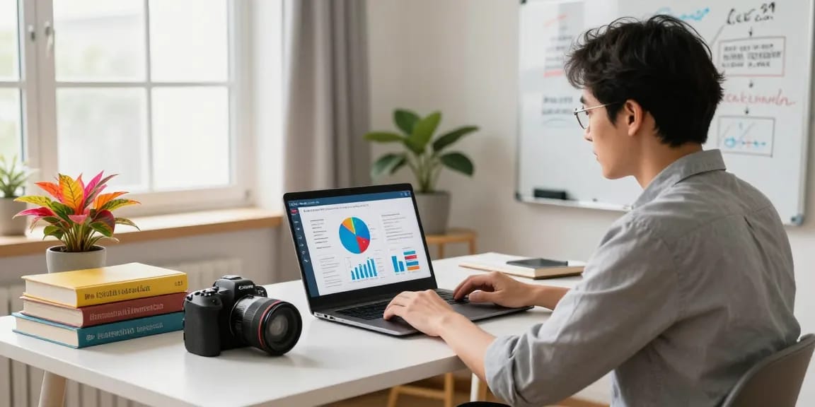 Niche marketing strategy course virtual class setup with instructor, books, and vibrant home office atmosphere