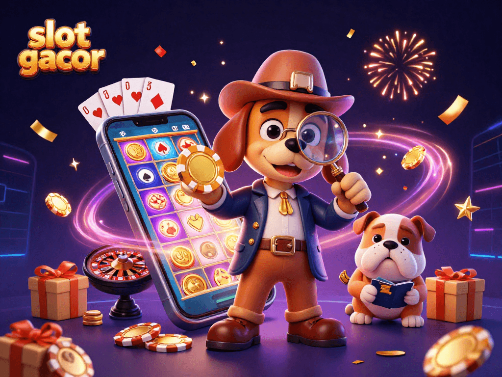 Menemukan slot gacor dengan detektif 3D, anjing pendamping, dan elemen permainan menarik di latar belakang kasino.