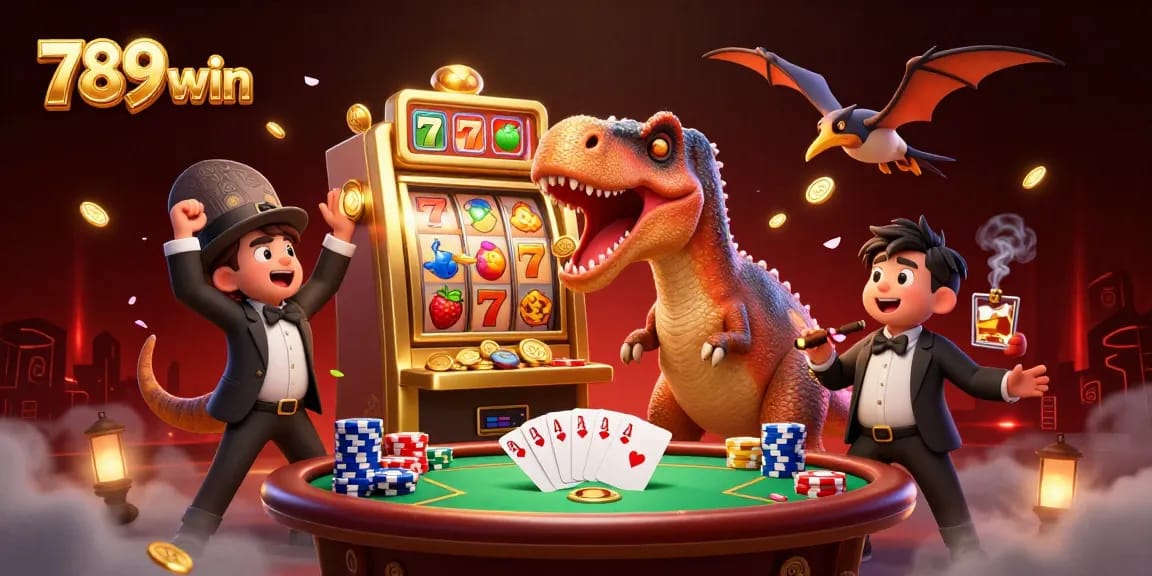 Catch exciting jackpots with 789win as a giant dino celebrates winning coins at a vibrant casino.