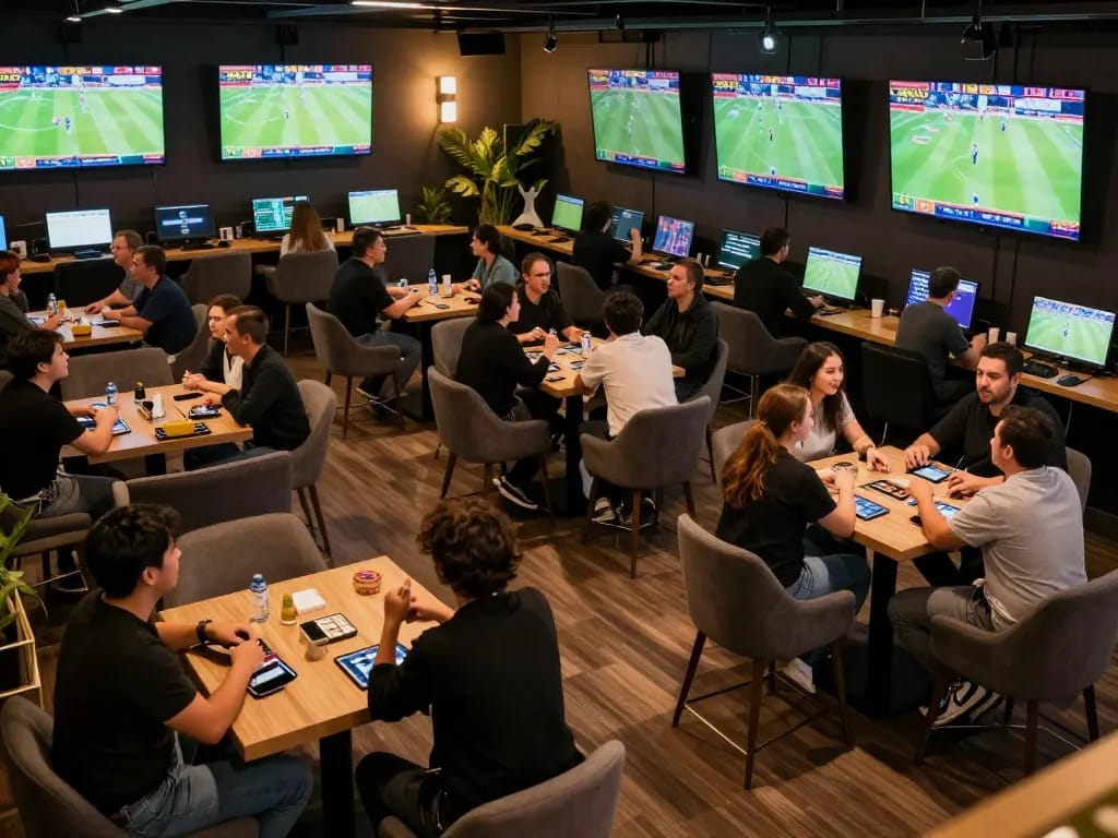 Engaged bettors strategizing their bets in the dynamic sports lounge of 789bet.
