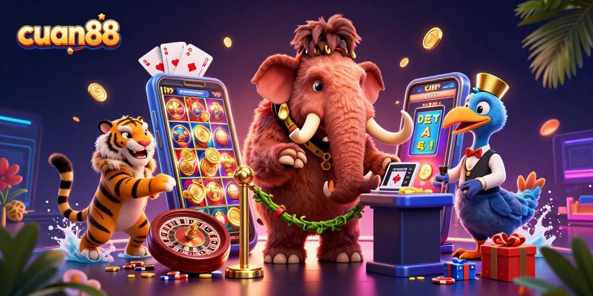 Cuan88 brings excitement with a woolly mammoth bouncer and VIP guests in a vibrant casino scene.
