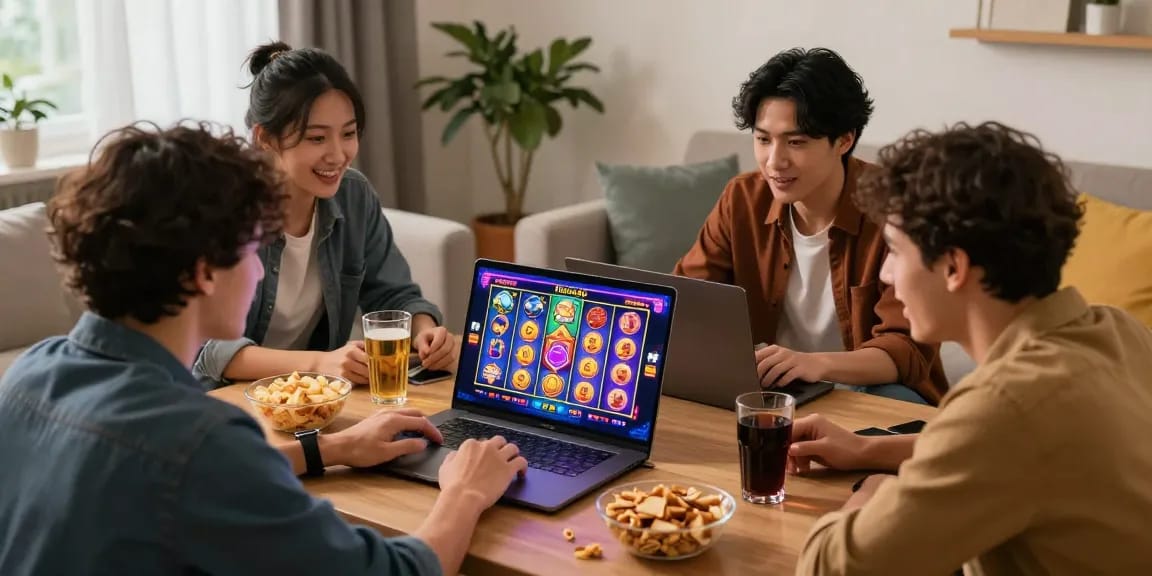 Diana4D menunjukkan pemain slot online yang ceria di ruang tamu, menikmati permainan dan suasana santai.