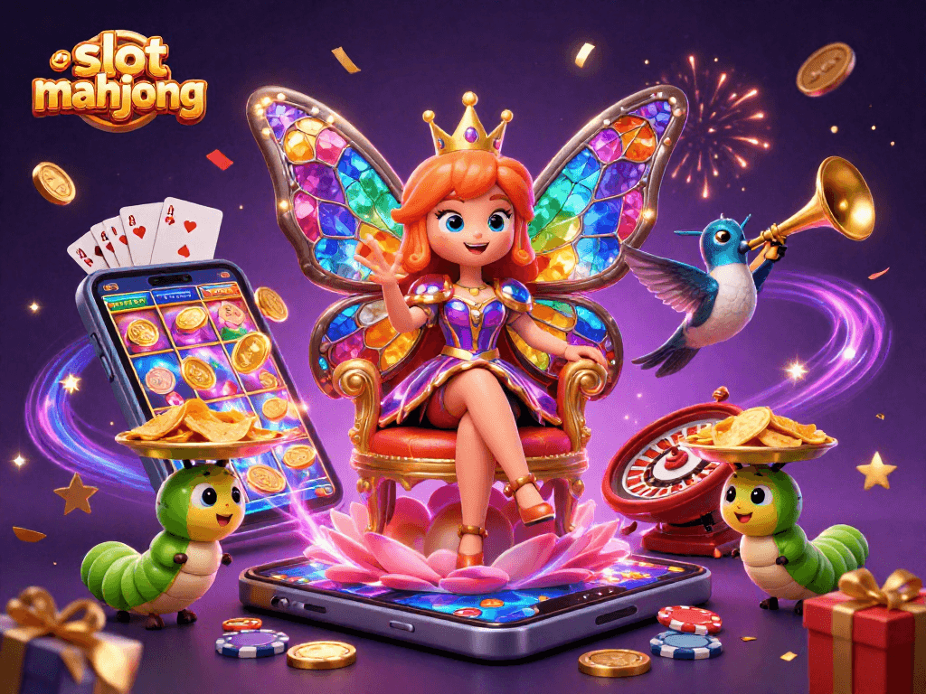 Putaran slot mahjong menyala dengan jackpot yang mengalir dari smartphone dan ratu kupu-kupu di singgasana bunga.
