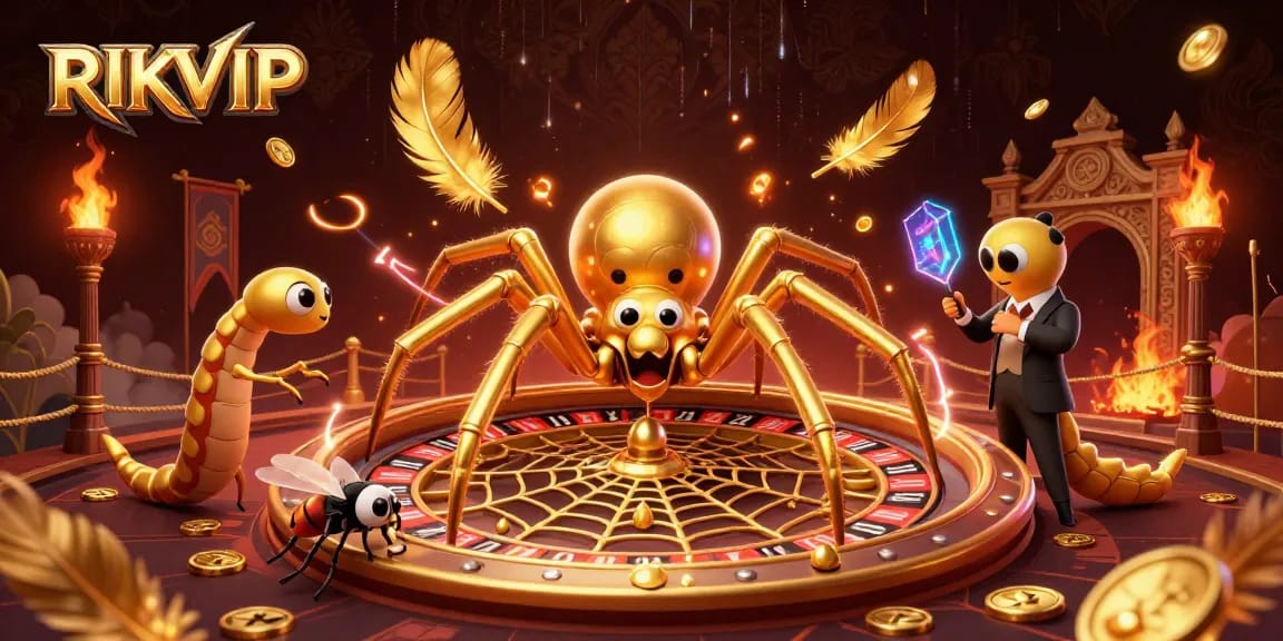 RIKVIP enhances casino excitement as a colorful spider spins a roulette-inspired web