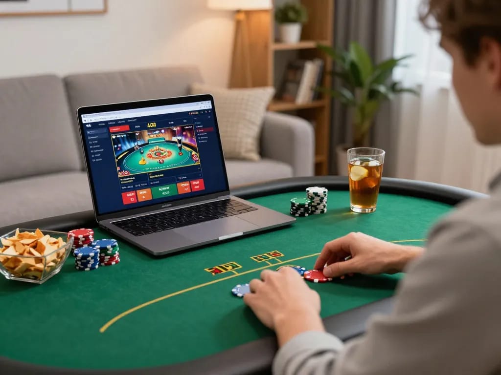 Person enthusiastically engaging with ALO8 online poker game from the comfort of home, showcasing casual gameplay environment.